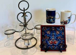 Scandinavian Mixed Lot Glass Pedestal Bowl Stand, Norway Mugs & Decorative Tile