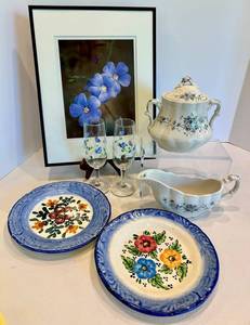 Decorative Floral Wall Art, Painted Glasses, Plates & Ceramic Server Mixed Lot