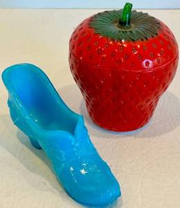 Vintage Hazel Atlas Strawberry Lidded Glass Dish & Fenton Glass Shoe