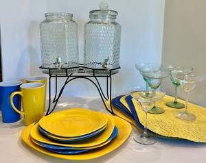 Blue & Yellow Plastic Dinnerware, Margarita Glasses & Beverage Dispensers Mixed Lot