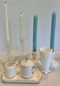 Hobnail Milk Glass Candleholders, Creamer and Sugar & Tray 8-Piece Mixed Lot