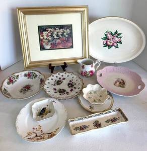 Mixed Lot Floral China Dishes including Belleek & Framed Still Life Art