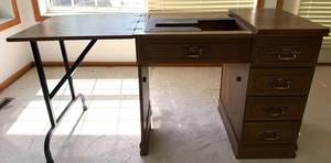 Wooden Sewing Machine Cabinet Table With Fold-Out Leaf & Drawers