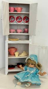 Horsman Doll Cabinet Display With Doll, Dish Set & Toy Cookware