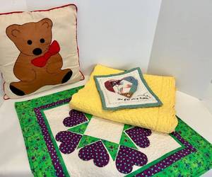 Handmade Teddy Pillow, Quilt Sampler & Yellow Runner Mixed Lot