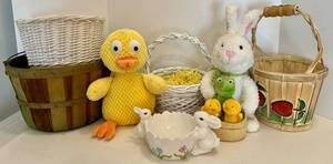 Easter Plush and Basket Mixed Lot With Ceramic Bunny Bowl