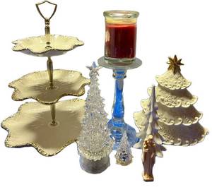Christmas Decor Mixed Lot - Tiered Tray, Candle Holder & Trees