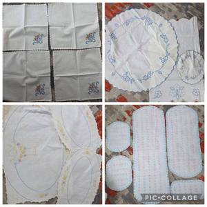 Bundle of Vintage Embroidered Linen Table Runners, Dresser Scarves, Doilys