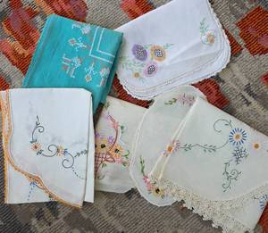 Bundle Of Vintage Embroidered Linen Runners, Doilys, Dresser Scarves