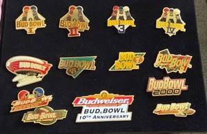 Collection Of Budweiswer Bud Bowl Pins (1st-10th Anniversary)