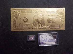 Golden One Dollar Bill, 10 Grams Of Fine Silver & 1 Gram Of Fine Silver