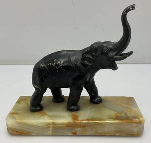 Vintage Metal Elephant On An Onyx Base 7 12 Tall