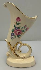 Vintage MCM Royal Copley Ceramic Cornucopia Horn Of Plenty Vase Planter With Gold Trim 8