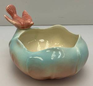 Vintage MCM Royal Copley PinkBlue  BowlVase With Pink Bird 4 x 5 12 x 6