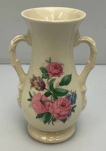 Vintage MCM Royal Copley Pedestal With Handles Vase Ivory Colored With Pink Flowers 3 34 x 5 12 x 8