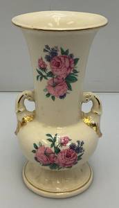 Vintage MCM Royal Copley Pink Floral Vase With Gold Trim And Double Handled Cottage Core Victorian 8 14 Tall