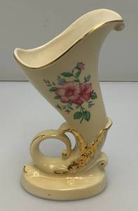 Vintage MCM Royal Copley Ceramic Cornucopia Horn Of Plenty Vase Planter With Gold Trim 8
