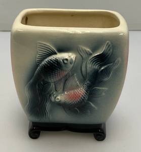 Vintage MCM Royal Copley Pink, Grey &amp Black Art pottery Vase With Raised Goldfish Design 3 x 4.5 x 5.5