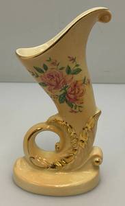 Vintage MCM Royal Copley Ceramic Peachy Colored Cornucopia Horn Of Plenty Vase Planter With Gold Trim 6 14