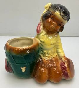 Vintage MCM Royal Copley Ceramic Little Indian WDrums Figural Planter 3 x 6 14 x 6 12