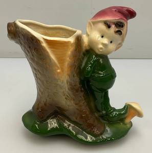 Vintage 1960s MCM Royal Copley Pixie Elf By Tree Trunk Planter 2 34 x 6 x 6 34