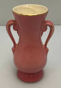 Vintage MCM Royal Copley Pink Ceramic Vase Double Handled With Gold Trim 6 14