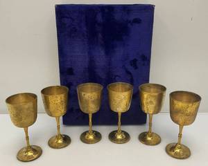 Vintage Set Of Six  Brass Goblets Marked Saudi Arabia On Bottoms With Blue Velvet Case