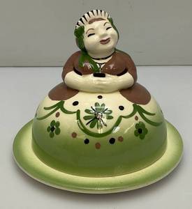 Vintage CLEMINSONS Round Covered Butter Dish Green California Art Pottery Butter Maid