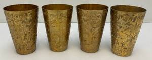 Set Of Four Heavy Oriental Solid Brass Etched Decorative Drinkware Tumblers 4.5