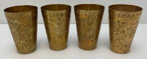 Set Of Four Heavy Oriental Solid Brass Etched Decorative Drinkware Tumblers 4.5