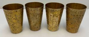 Set Of Four Heavy Oriental Solid Brass Etched Decorative Drinkware Tumblers 4.5