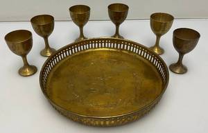 Group Of 6 Small Etched Brass Shot Cups 3 With 8 38 Heavy Brass Serving Tray