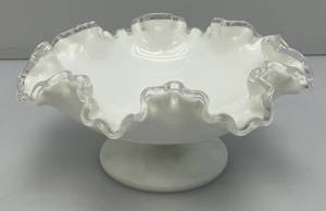Vintage Mid Century 1960s FENTON Crimped Rim Milk Glass Candy Bowl 4 x 8