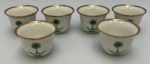 Vintage Set Of 6 White Ceramic Arabic Coffee Cups (Finjan) Featuring The Green Flag of Saudi Arabia And Gold Trimmed- Rims