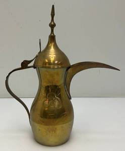 Vintage Etched Brass Turkish Dallah Coffee Pot 12 Signed With Foil label