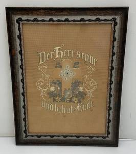 Antique Late 1800s German Victorian Needlework Sampler Created On Punch Paper Framed Behind Glass 15 x 19