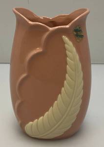 1940s Chadwick Pottery Soft Pink Vase Cream Fern leaf 8 Hollywood Glam With Paper And Foil Label