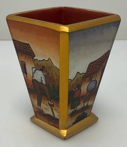 Very RARE Reverse Painted Glass Paneled Miniature Vase With Farmer Scene 3 34
