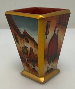 Very RARE Reverse Painted Glass Paneled Miniature Vase With Farmer Scene 3 34