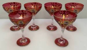 Antique  Set Of Six Persian Crystal - Ruby Red Gobblets With Nasser Al Din Portraiture 6 14