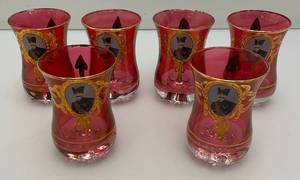 Antique  Set Of Six Persian Crystal - Ruby Red Tea Glasses With Nasser Al Din Portraiture 3 38