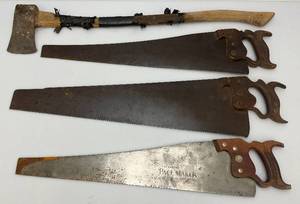 Vintage Hand Saws And Long Handled Axe