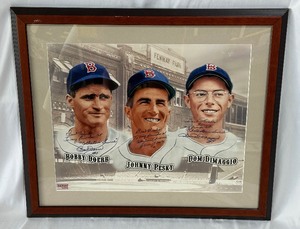 Dom DiMaggio, Johnny Pesky, and Bobby Doerr Autographed and Framed Boston Red Sox Baseball Print w COA 26x22