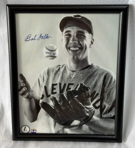 Bob Feller Autographed w HOF 62 Inscription and COA 8x10 Framed Baseball Photo