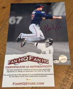 JJ Hardy Autographed w COA 8x10 Minnesota Twins Baseball Photo