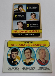 (2) Vintage Hokcey Cards 7071 Goals Leaders and 7172 Scoring Leaders - Esposito, Orr, Hull, and More
