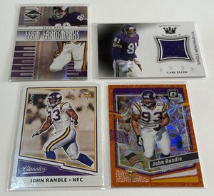 (4) Numbered and Relic Vikings Legends Football Cards - (2) Jogn Randle 79 and 299, Alan Page 100, Carl Eller Relic