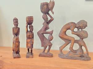 Lot of (4) Hand Carved Figures - Man Kissing Woman, Lady Carrying Basket, African (x2)