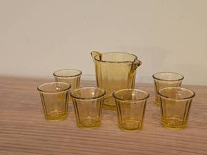 Amber Ribbed Glasswares - Small Pitcher  (6) Shot Glasses