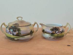 Handpainted Porcelain Lidded Sugar Bowl and Creamer